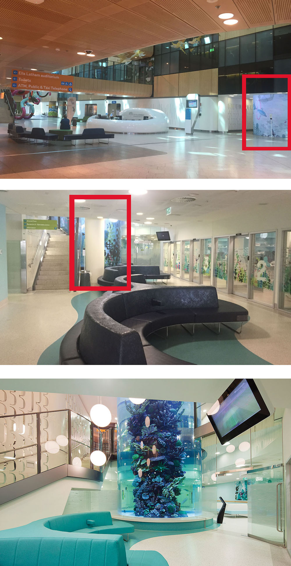 Figure 5: Top and middle images show those included as part of the image‐kit for photo‐response interviews with the aquarium (or fish tank) highlighted in red. The bottom image shows the fish tank as it appearedin the Emergency Department waiting room prior to maintenance taking place. - 