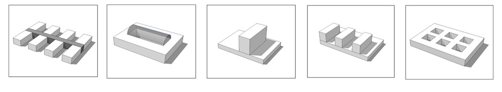 Figure 3: Hospital building typology: a) linked pavilion; b) atrium; c) podium with a tower; d) podium with two or more towers; and e) monoblock (as defined in Prasad, ref. 22) - 