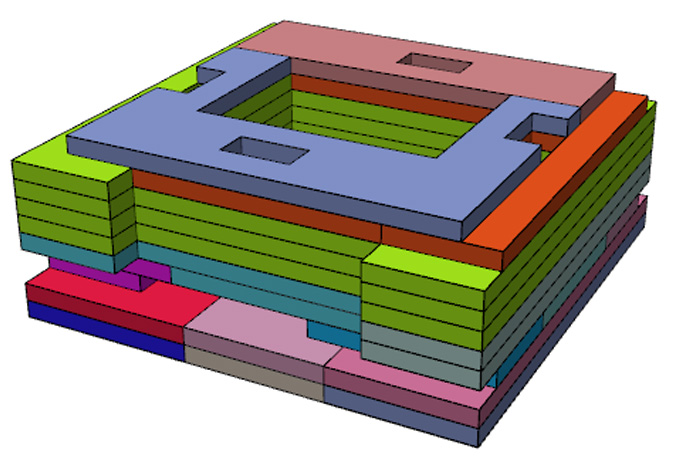 Figure 7: The extruded hospital departments with a 4.1m floor height and coloured based on their function - 