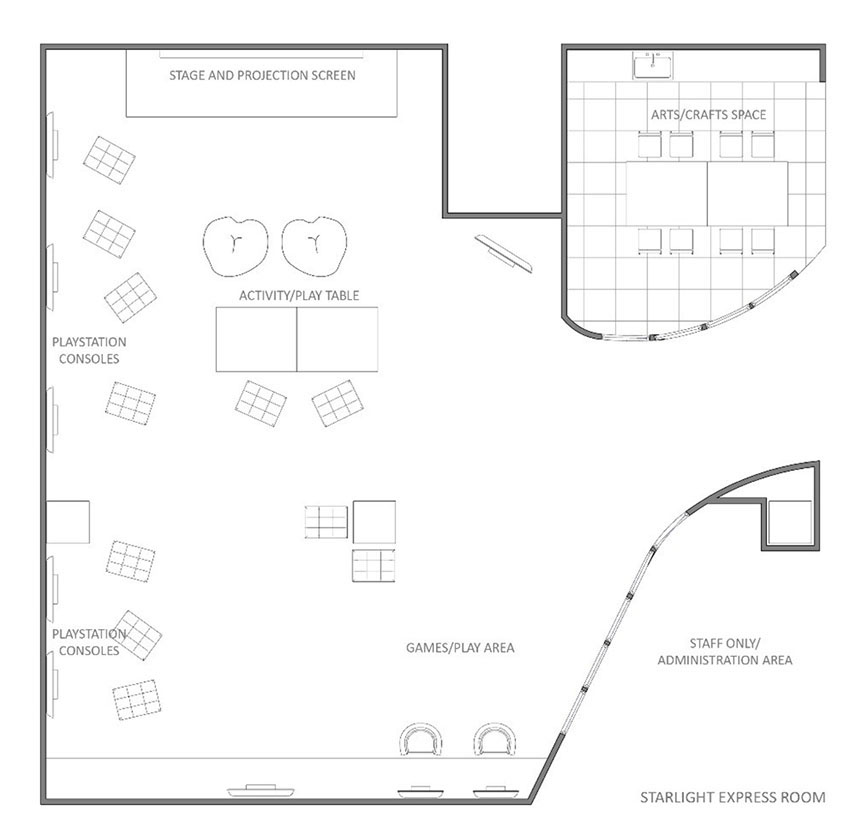 Figure 1: Starlight Express Room, RCH - Plan drawn by Liddicoat based on observations (not to exact scale)