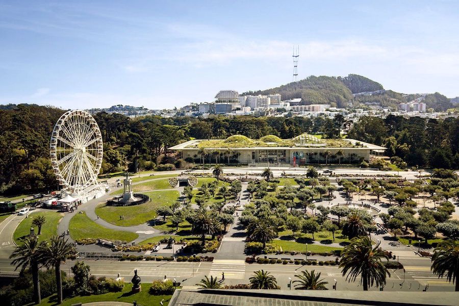 A conceptual image shows the new hospital from the tower of the de Young Museum in Golden Gate Park - Herzog & de Meuron