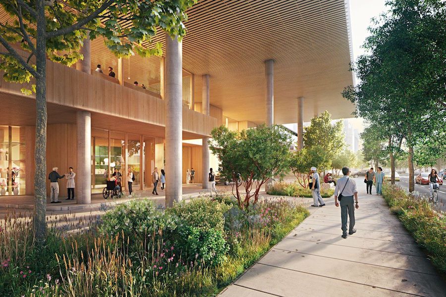 A conceptual design rendering of the front entrance to the new hospital - Herzog & de Meuron