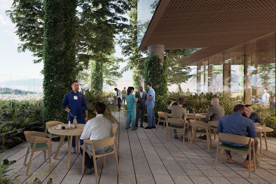 A conceptual design rendering showing staff, visitors and patients in an outdoor eating area - Herzog & de Meuron
