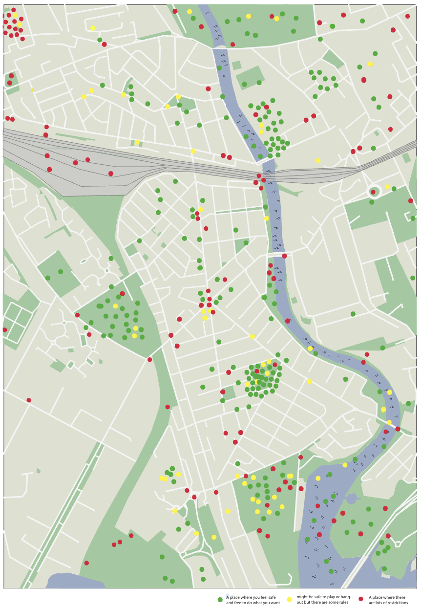 Figure 3: Sticker-based heat map of places in Grangetown, Cardiff, that children like (green), dislike (red), or had mixed feelings about (yellow) - 
