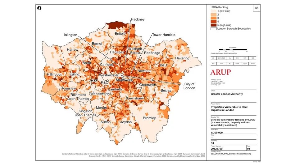 Map of schools' vulnerability to heat ranking by borough - Arup