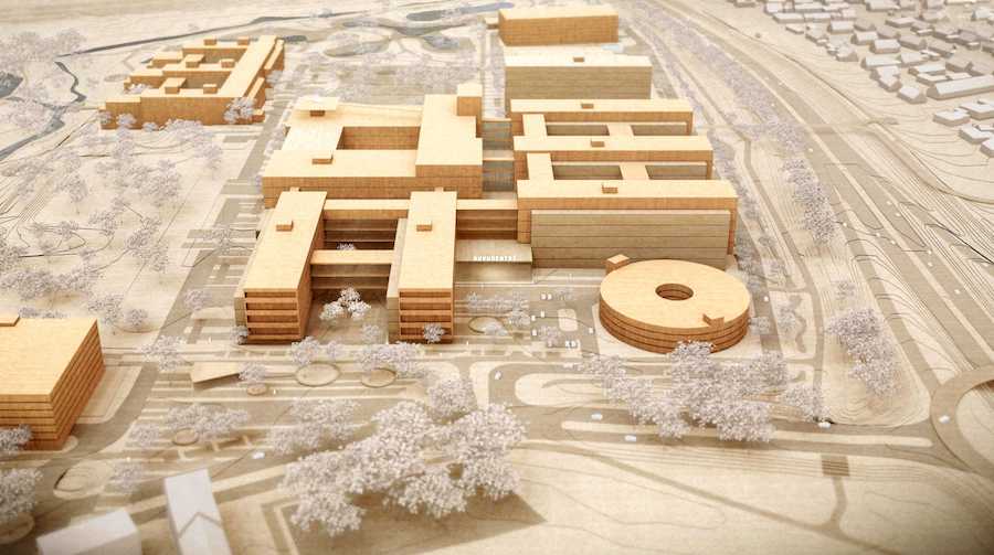 The illustration visualises a possible design of the new hospital area in Helsingborg. The design of buildings and the area will change in future work processes - C.F. Møller Architects